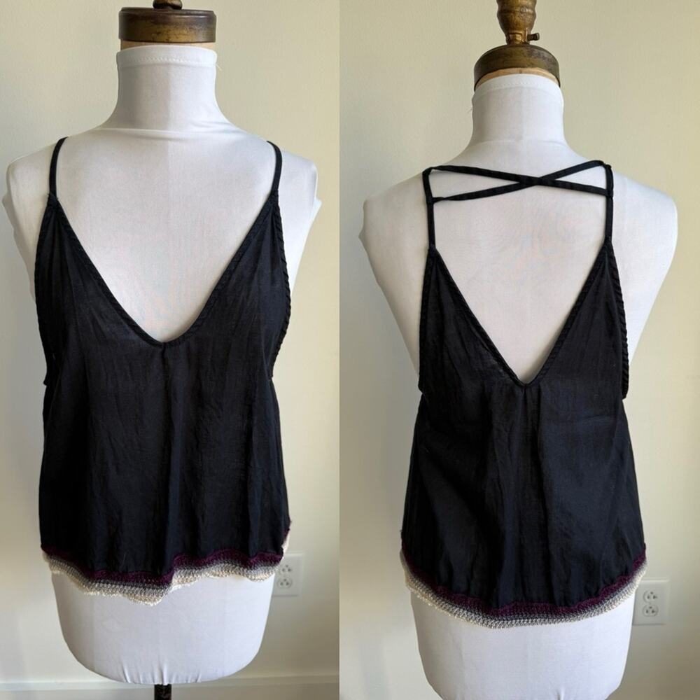 FREE PEOPLE BLACK STRAPPY TANK TOP CROCHET ACCENT OPEN BACK